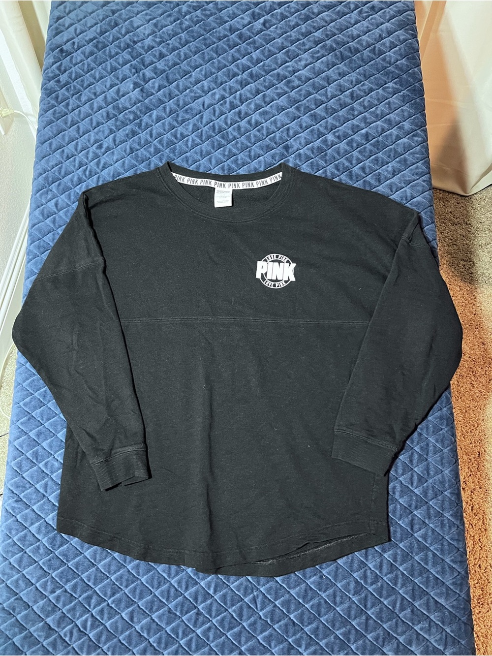 PINK Victoria's Secret Black Long-Sleeve Tee with White Chest Logo - Casual Wear